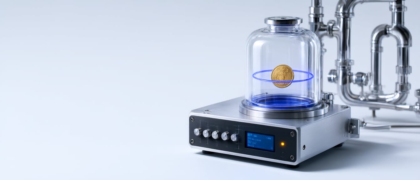 Sealed glass bell jar containment unit on a brushed aluminum base plate