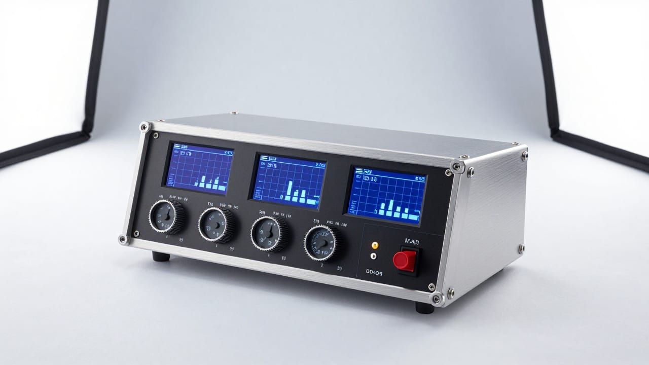 Rack instrument faceplate with dials and monochrome screens